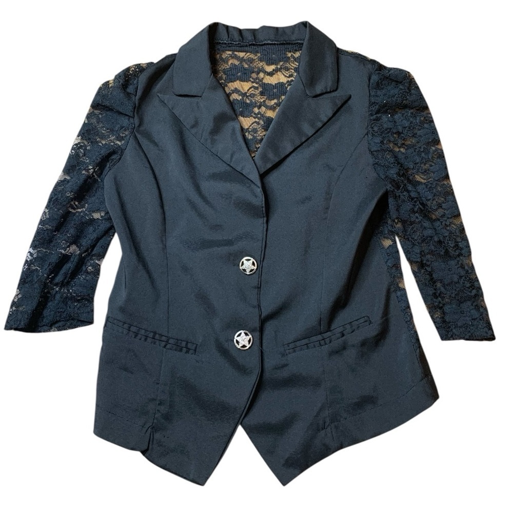Gothic Black Lace Back Blazer - Star Buttons & Pointed Hem - Size XS/Small